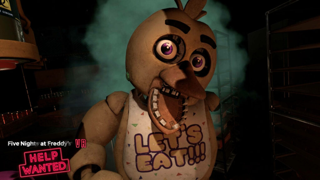 Chica from Five Nights at Freddy's in dim kitchen with green mist horror wallpaper background