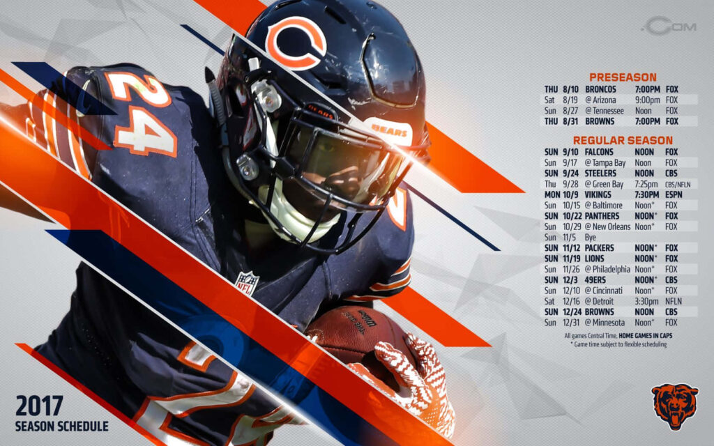 Chicago Bears 2017 schedule wallpaper with player close-up and bold orange navy design background