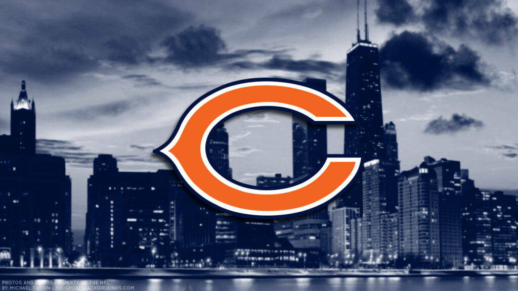 Chicago Bears logo centered on moody monochrome Chicago skyline wallpaper background