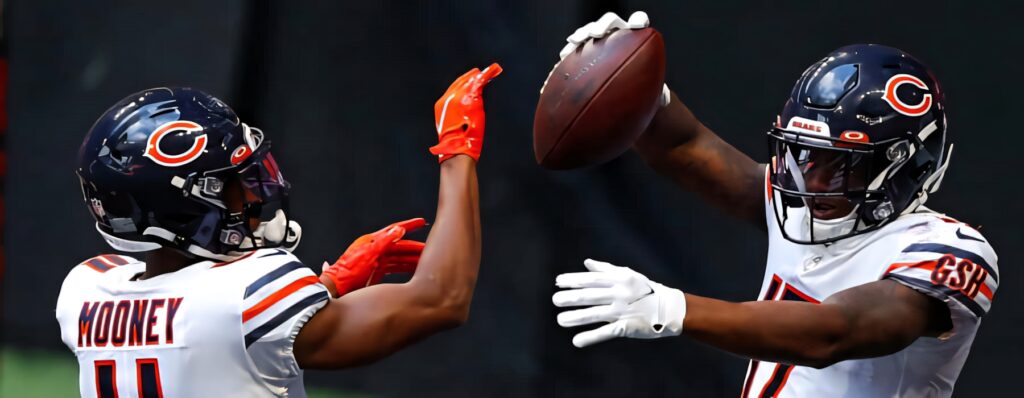 Darnell Mooney and Anthony Miller Chicago Bears wide receivers celebrating vibrant NFL action wallpaper