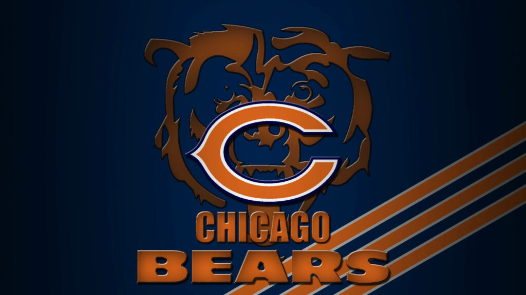 Chicago Bears logo on navy background with orange white stripes and fierce bear outline wallpaper