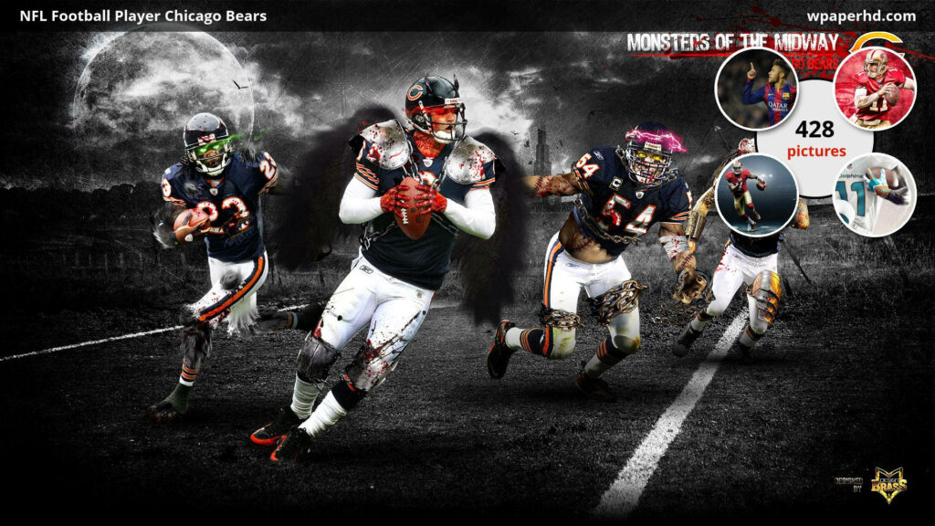 Chicago Bears wallpaper with four intense players in stormy dark setting embodying fierce spirit