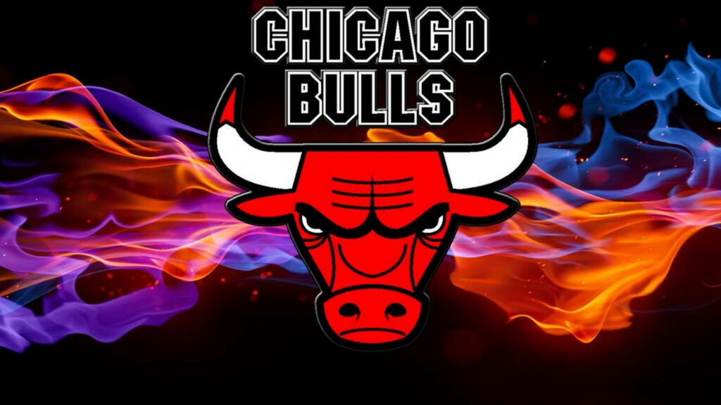 Chicago Bulls logo wallpaper with blue and orange flames dynamic basketball background