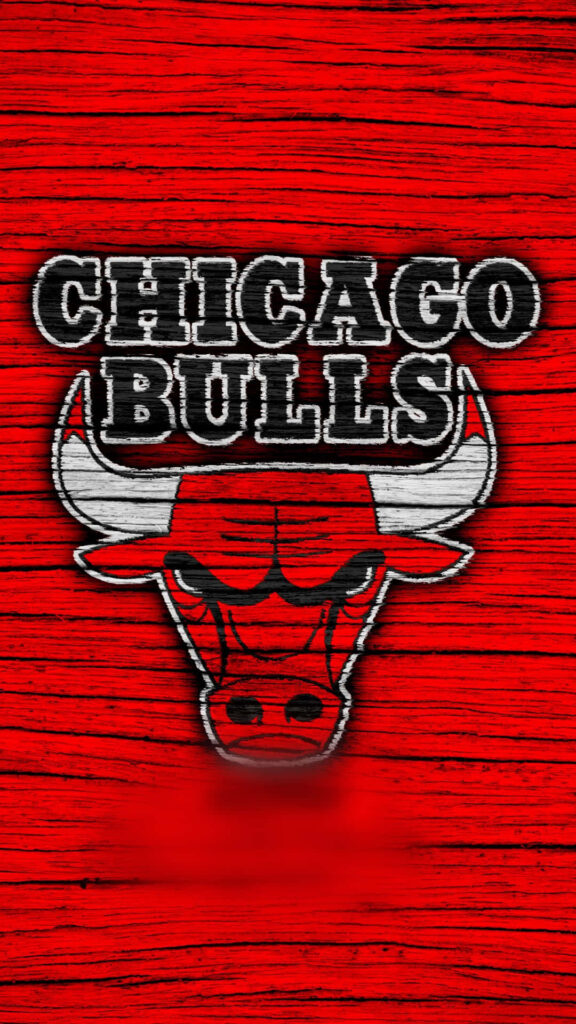 Chicago Bulls phone wallpaper with iconic bull logo bold text vibrant red wooden texture background