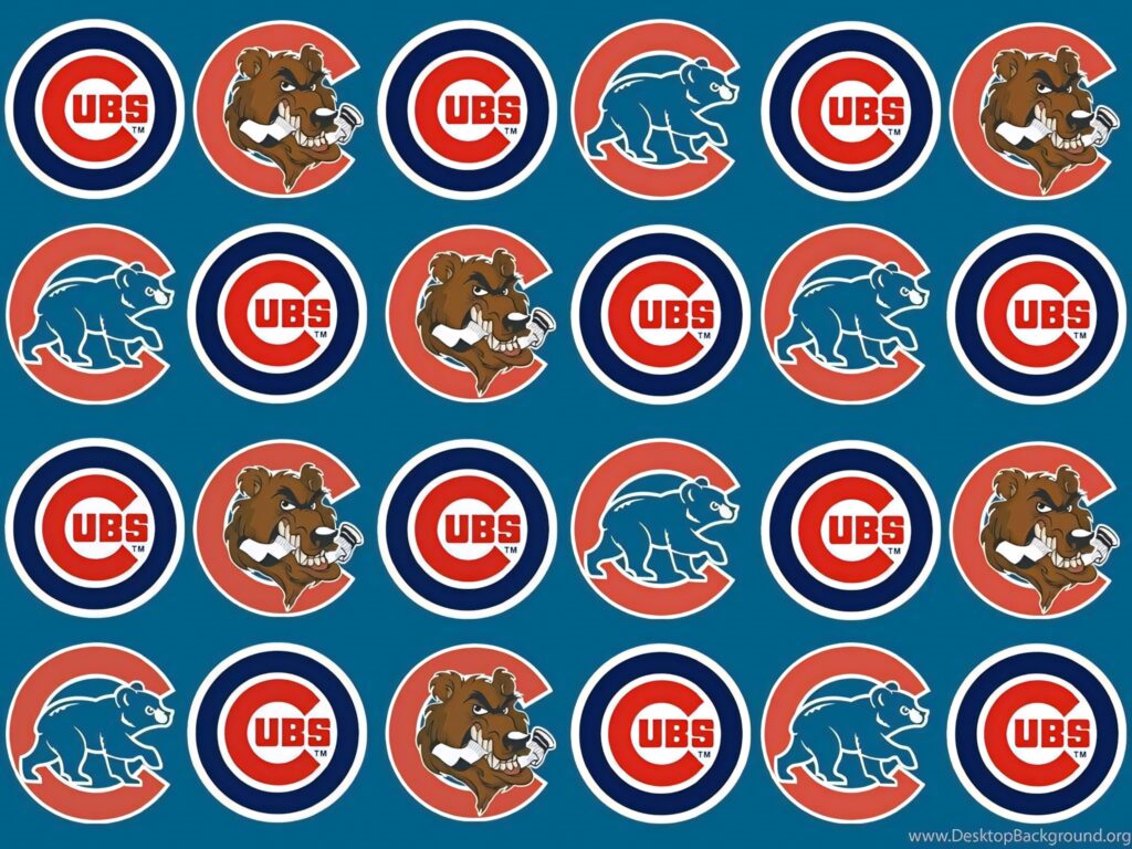 Chicago Cubs logo wallpaper with classic emblems bear head and team colors blue red white