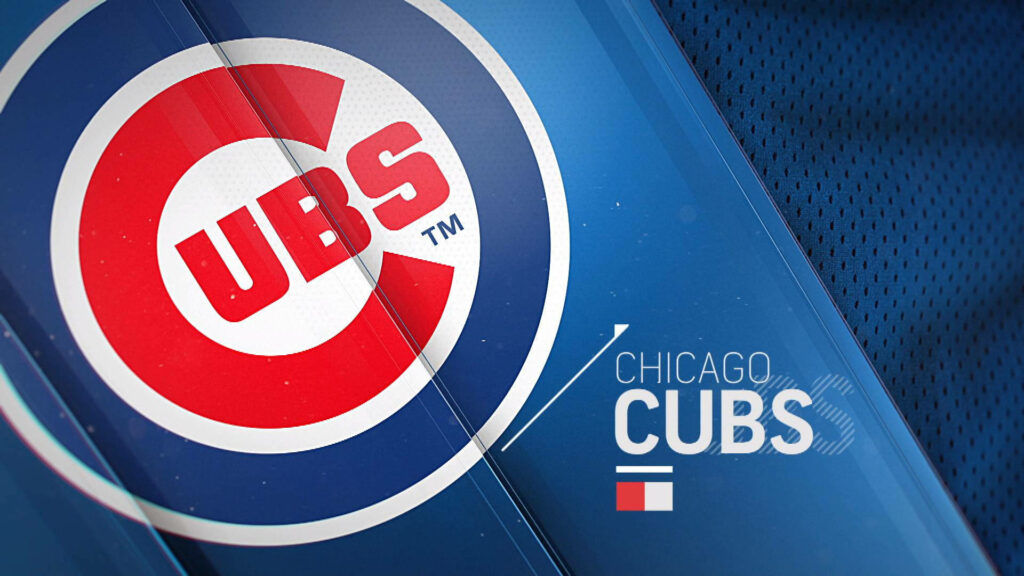 Chicago Cubs logo slanted on sleek blue background with bold lines and classic team colors wallpaper