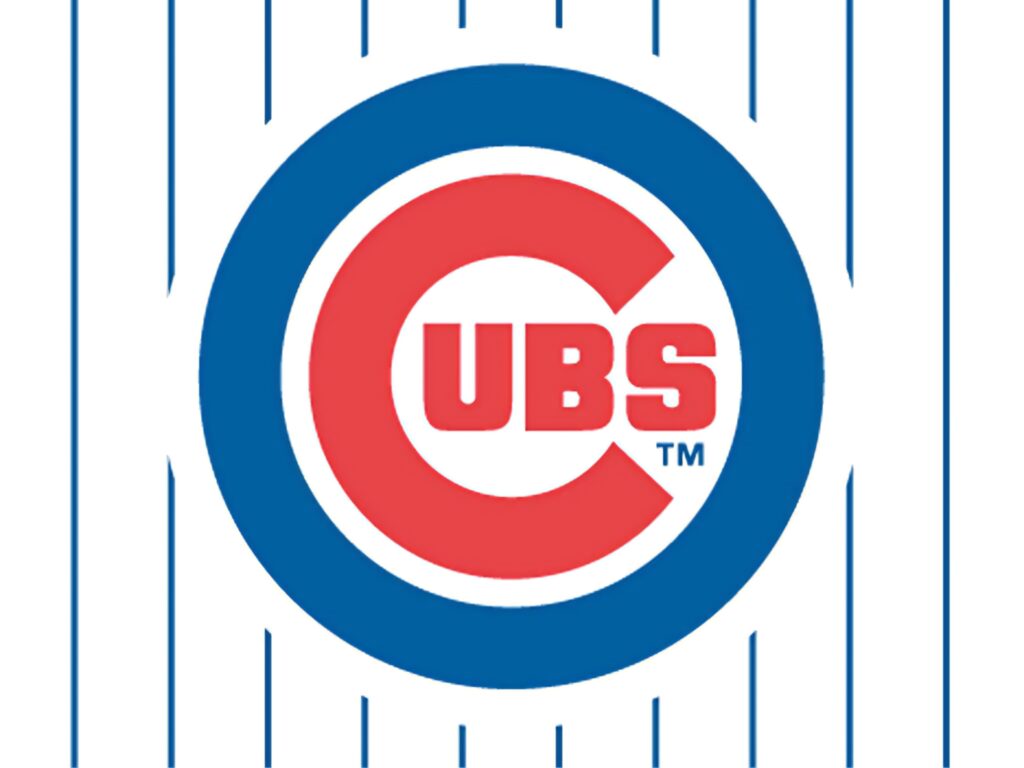 Chicago Cubs logo wallpaper with red blue letters on white background and blue pinstripes