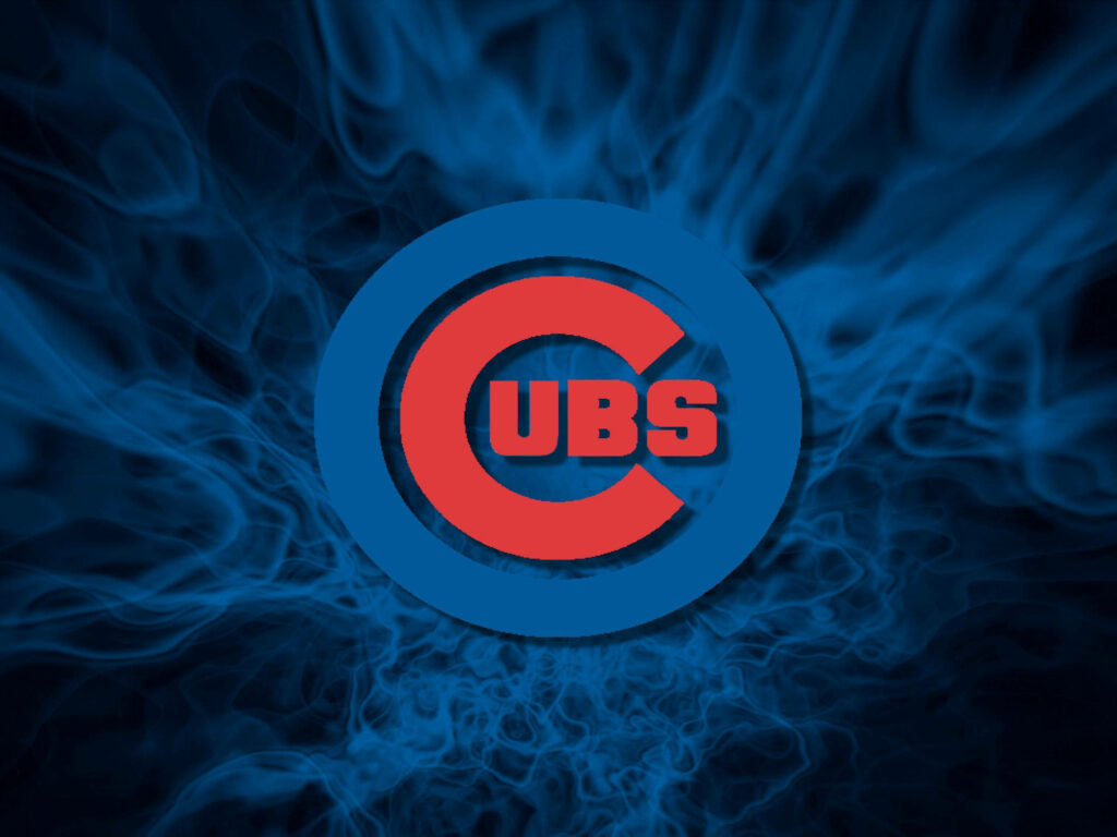 Chicago Cubs logo with bold red C on vibrant blue smoky background dynamic modern wallpaper