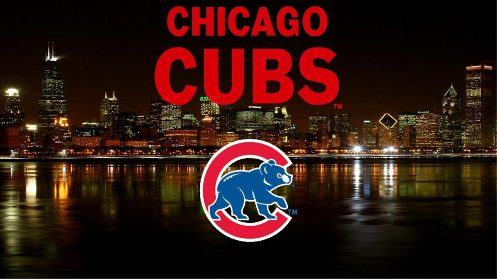 Chicago Cubs logo on vibrant nighttime Chicago cityscape with glowing skyscrapers and reflections Wallpaper