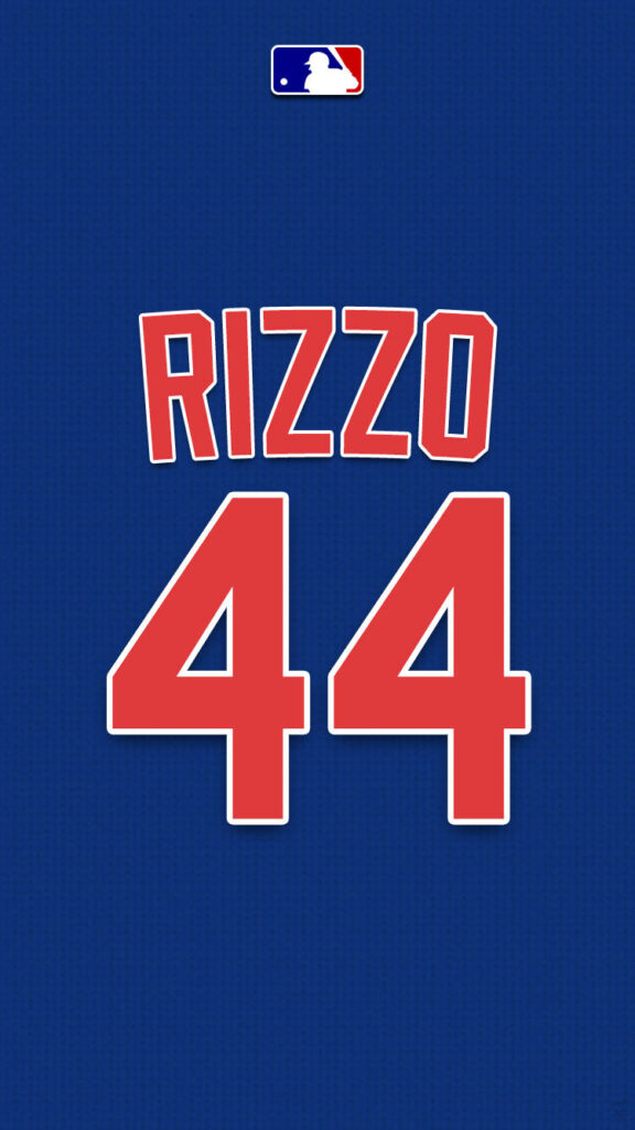 Blue Chicago Cubs jersey wallpaper with Rizzo 44 name number and official MLB logo background