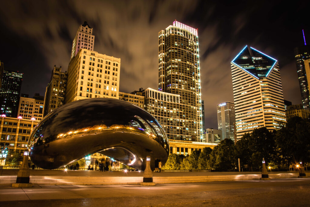 Stunning Chicago Night Skyline with Cloud Gate: Illuminated Wallpaper