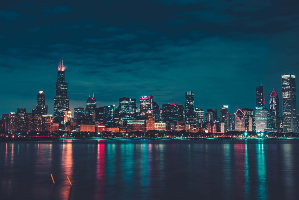 Chicago Skyline Night Wallpaper - Serene Lake Reflection