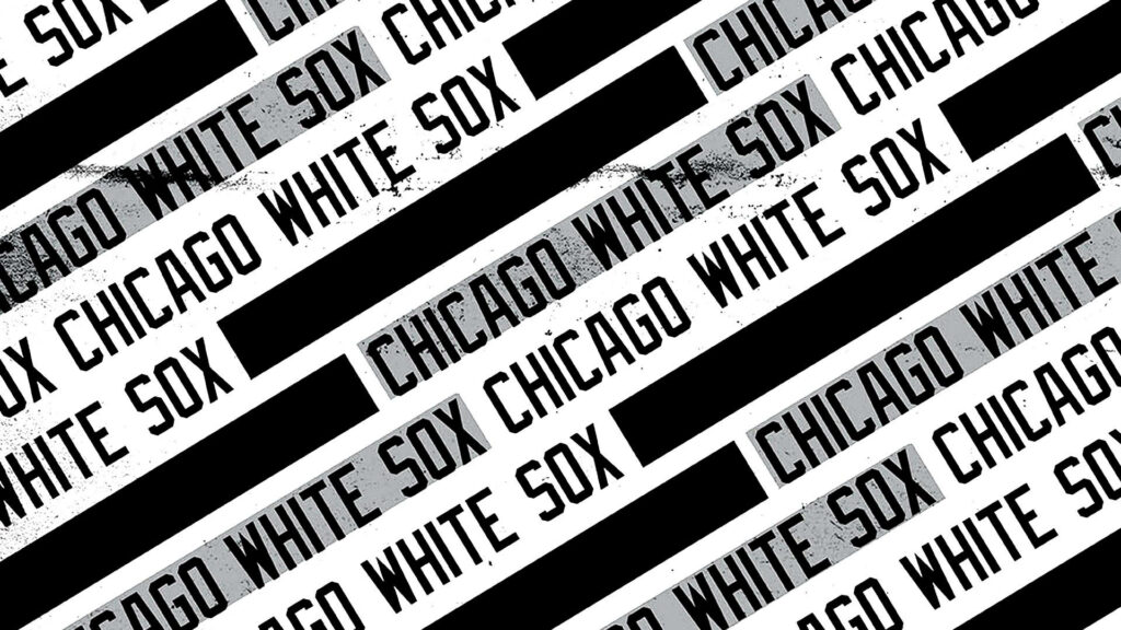 Chicago White Sox repeating distressed text pattern on black and white diagonal striped wallpaper