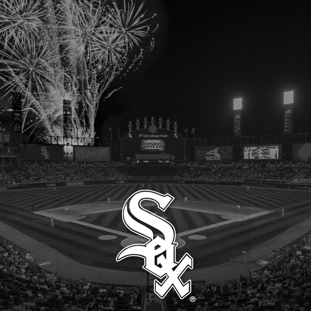 Chicago White Sox stadium at night with fireworks and team logo in black and white wallpaper