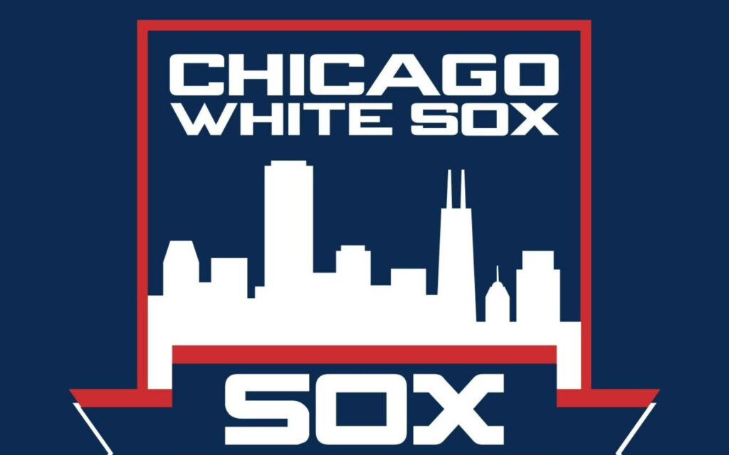 Chicago White Sox retro wallpaper with white skyline blue background red borders and modern font