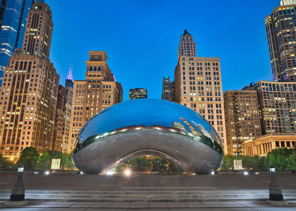 Chicago's Cloud Gate Wallpaper: Night Skyline Reflection Background