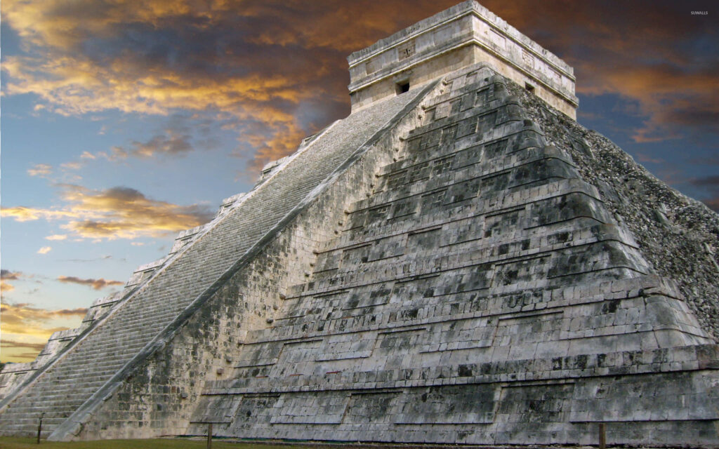Chichen Itza Sunset Wallpaper: Iconic Pyramid & Vivid Orange Clouds