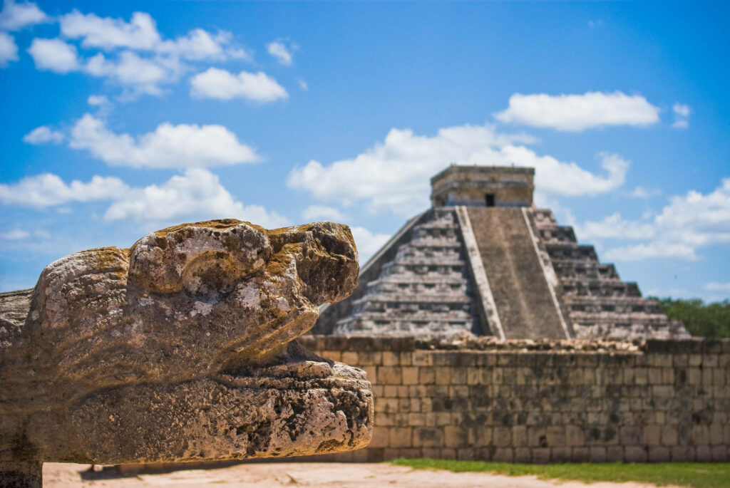 Chichen Itza Serpent Head & El Castillo Pyramid Wallpaper Background