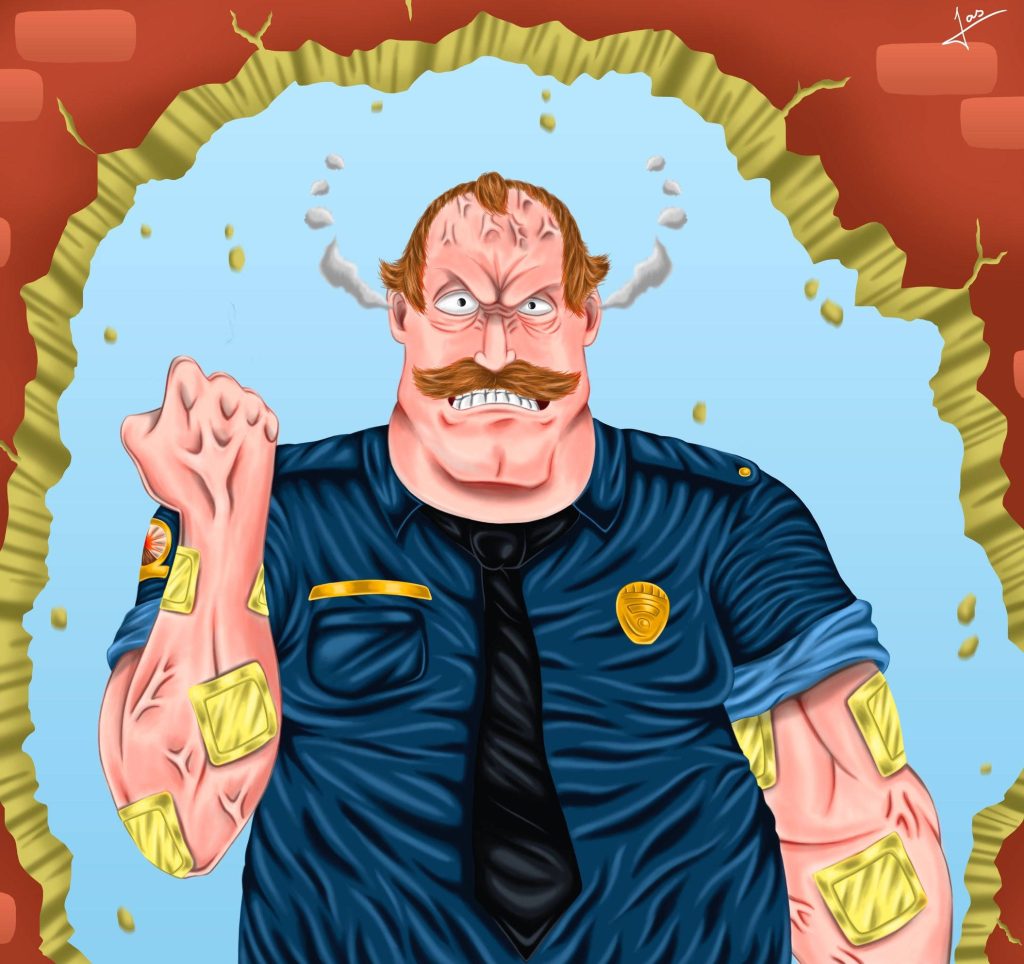 Chief Randall Crawford smashing red brick wall furious Paradise PD vibrant digital art wallpaper