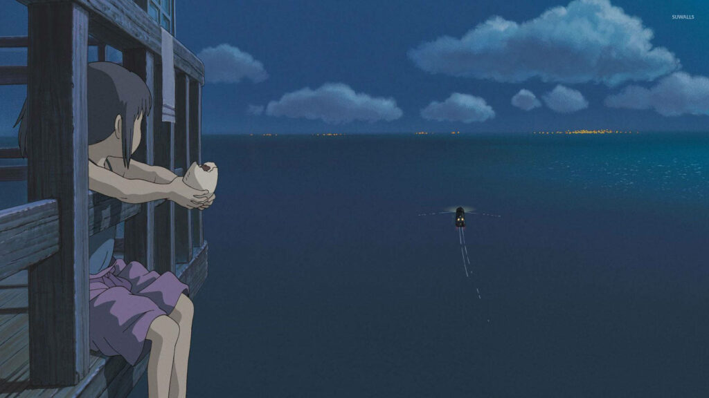 Chihiro reflecting by the sea under a starlit sky Spirited Away wallpaper background