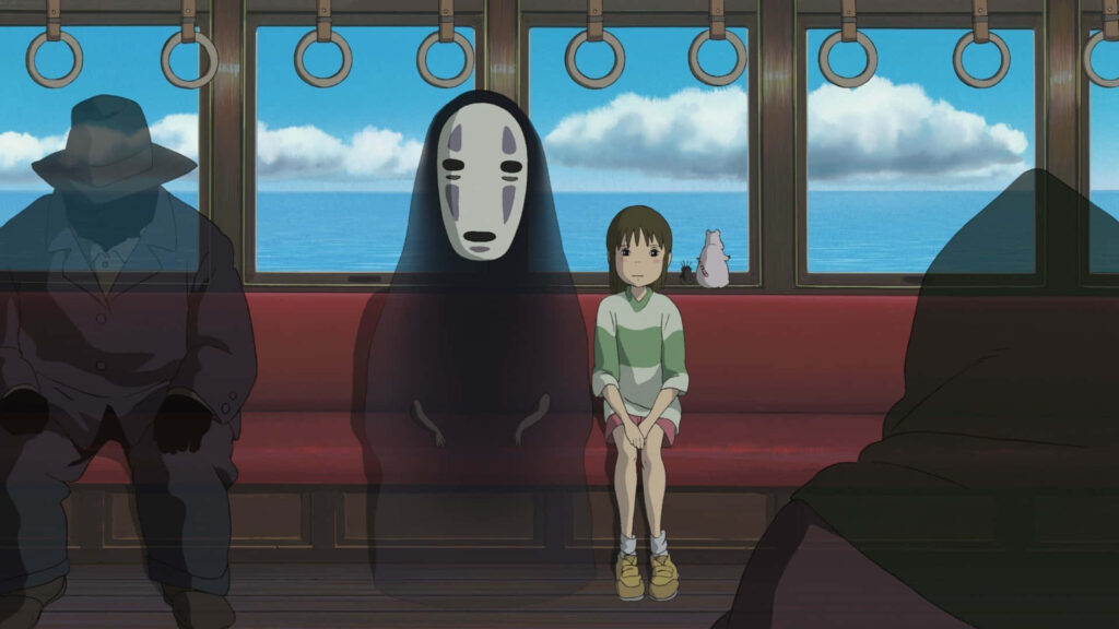 Chihiro and No Face on quiet train ride over water scene from Spirited Away wallpaper background