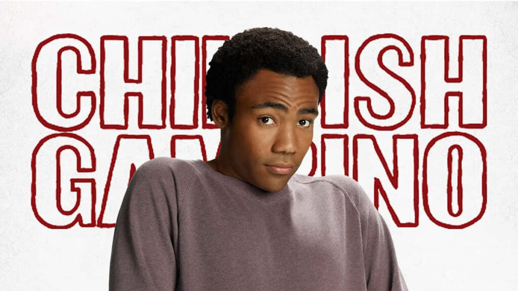 Childish Gambino Casual Portrait Wallpaper with Bold Red Text