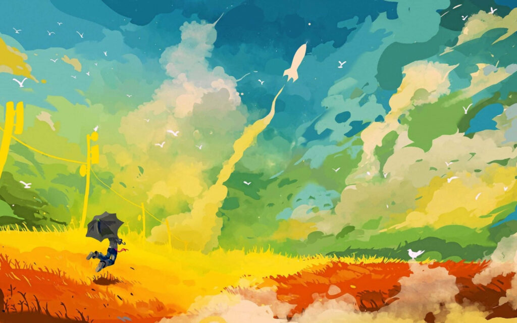 Child's Dream: Exploring the Cosmos under a Colorful Sky with Rocket Launch Wallpaper