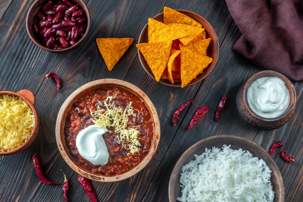 Chili Con Carne Spread with Tortilla Chips & Rice – Rustic Wallpaper