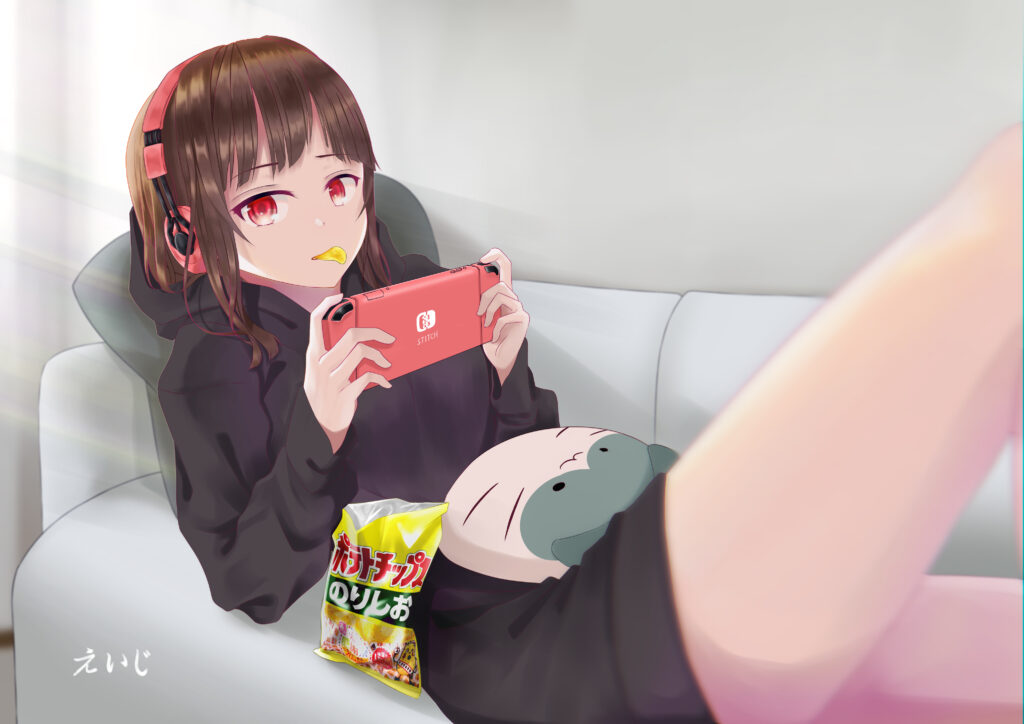 Cozy Anime Wallpaper: Girl on Couch with Headphones & Gaming Console