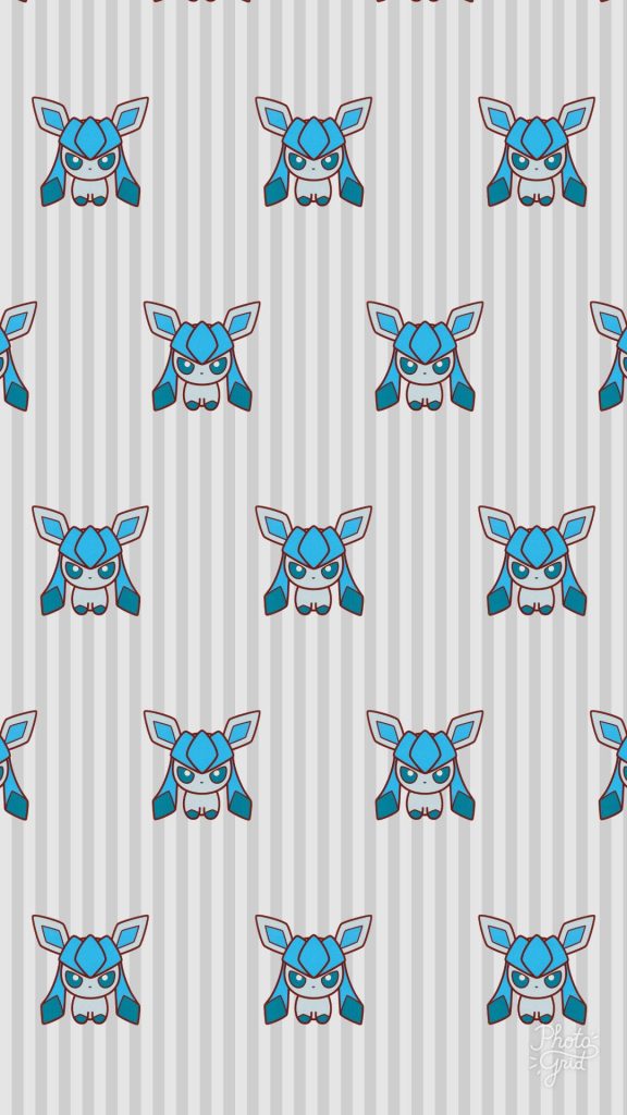Glaceon seamless pattern wallpaper with Ice-type Pokémon on light grey striped background