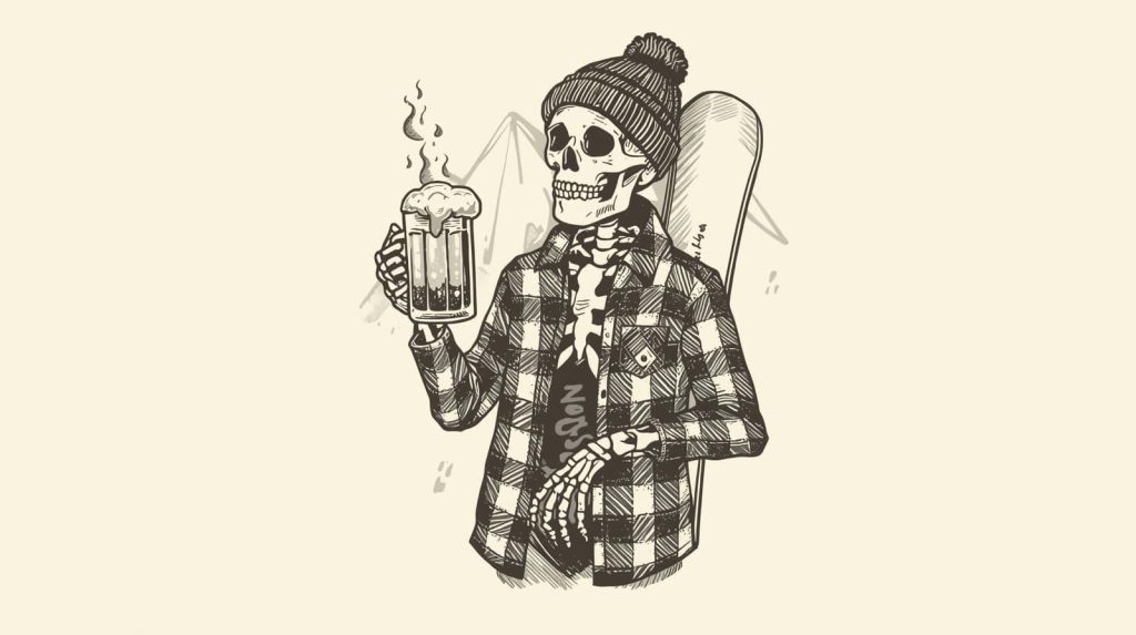 Sketchy ink illustration of skeleton snowboarder in beanie and flannel holding beer mug winter wallpaper