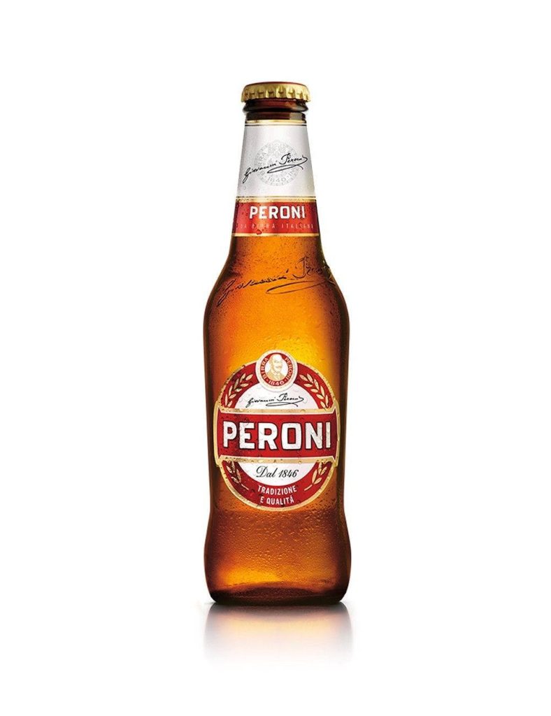 Chilled Peroni beer bottle in amber glass with classic red white label on white background Wallpaper