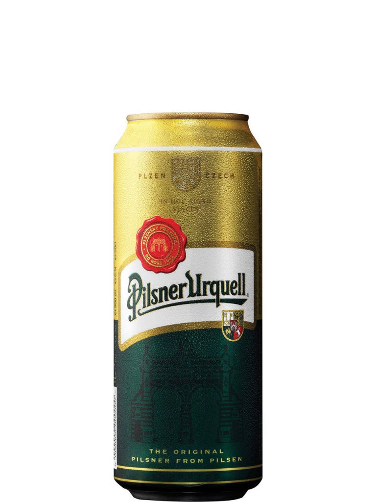 Chilled Pilsner Urquell beer can with condensation in gold and green packaging studio wallpaper