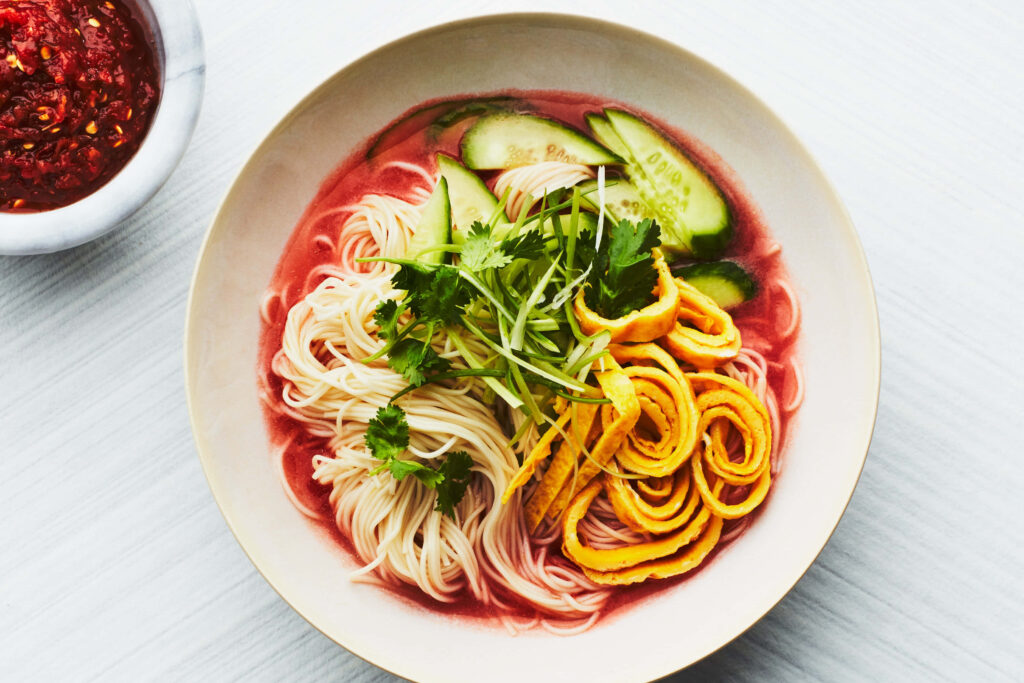 Chilled Tomato Noodle Dish with Herbs and Cucumber - Wallpaper Background