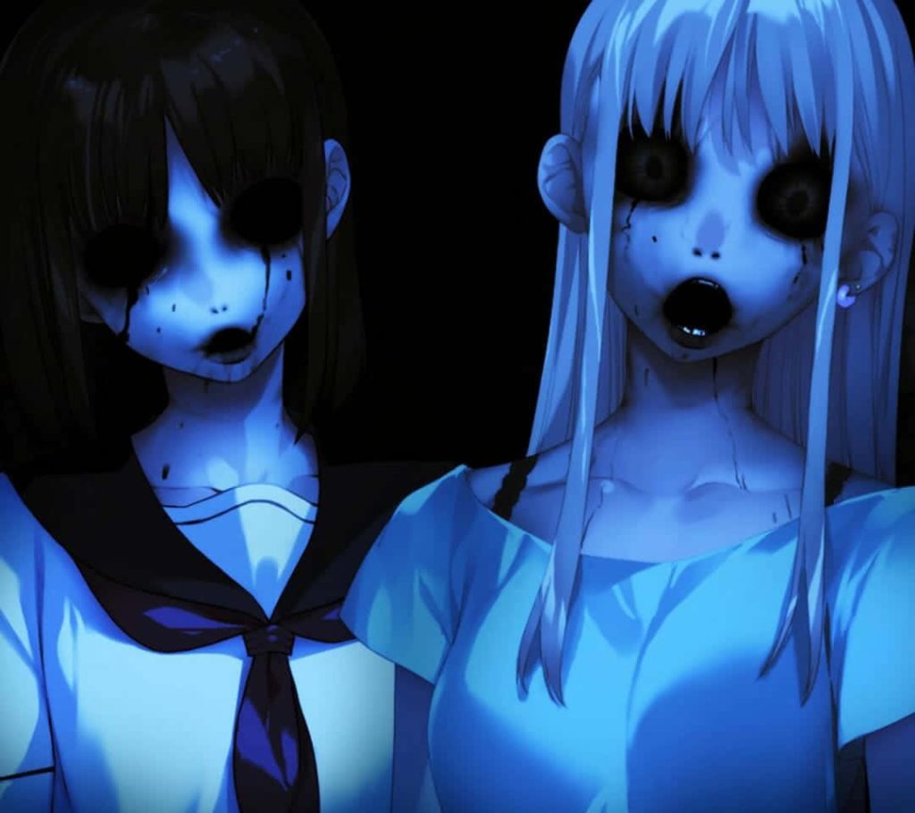Chilling anime horror wallpaper with two ghostly girls in eerie blue lighting and dark shadows