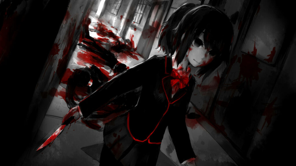 Chilling Anime Wallpaper: Misaki Mei in Dark Classroom Scene