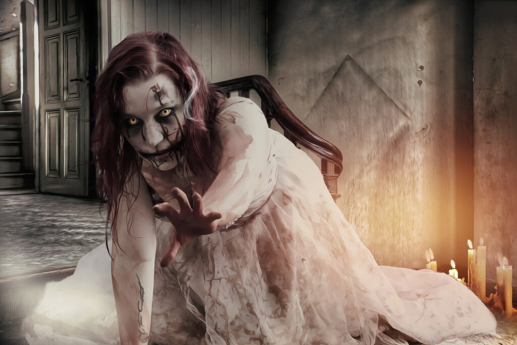 Terrifying ghostly woman with glowing eyes in tattered gown haunts candlelit gothic room wallpaper