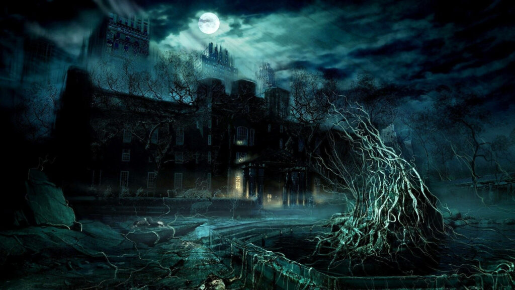 Hauntingly Eerie: A Wallpaper of a Spooky Haunted Building with Dead Trees and Bodies Against a Bright Moonlit Sky