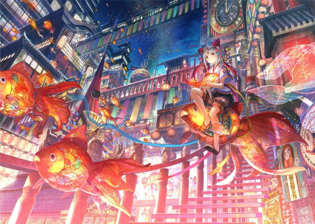 Anime girl riding giant goldfish in vibrant neon Chinatown night with glowing lanterns wallpaper