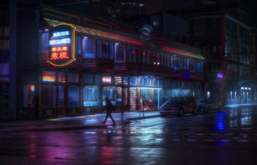 Chinatown nighttime street with neon signs wet pavement reflections vibrant urban wallpaper
