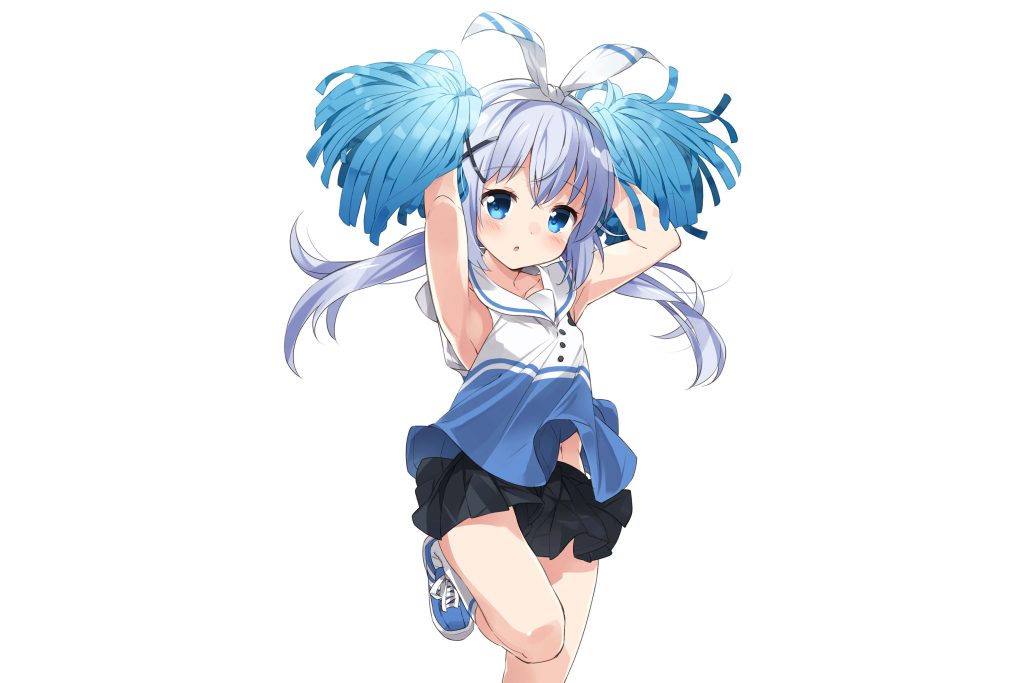 Chino Kafuu anime wallpaper in blue cheerleader outfit waving pom-poms on white background