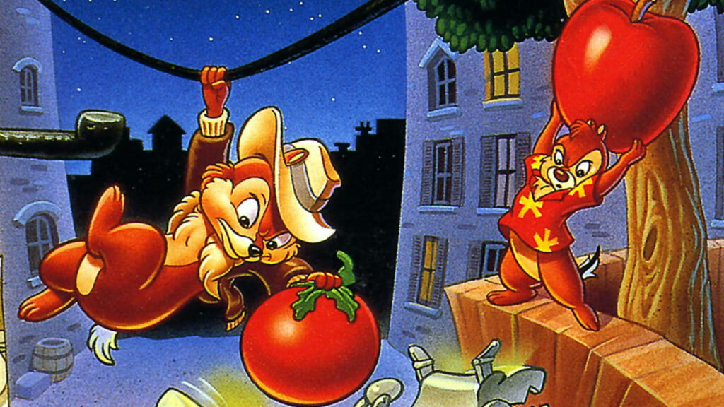 Chip N Dale throwing large tomatoes from rooftop at night playful city mischief wallpaper background