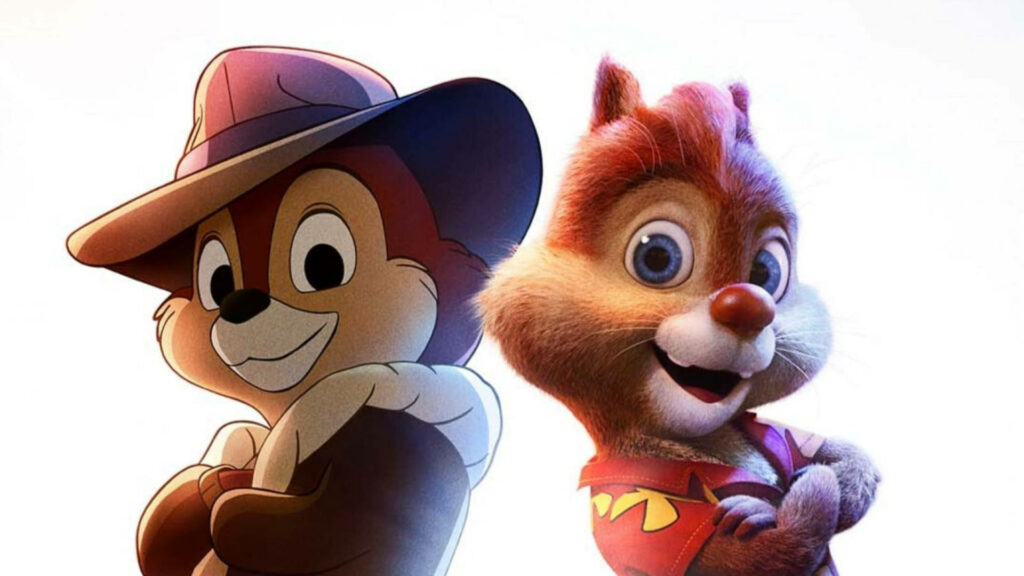 Chip and Dale Rescue Rangers back to back smiling in signature outfits on light wallpaper background