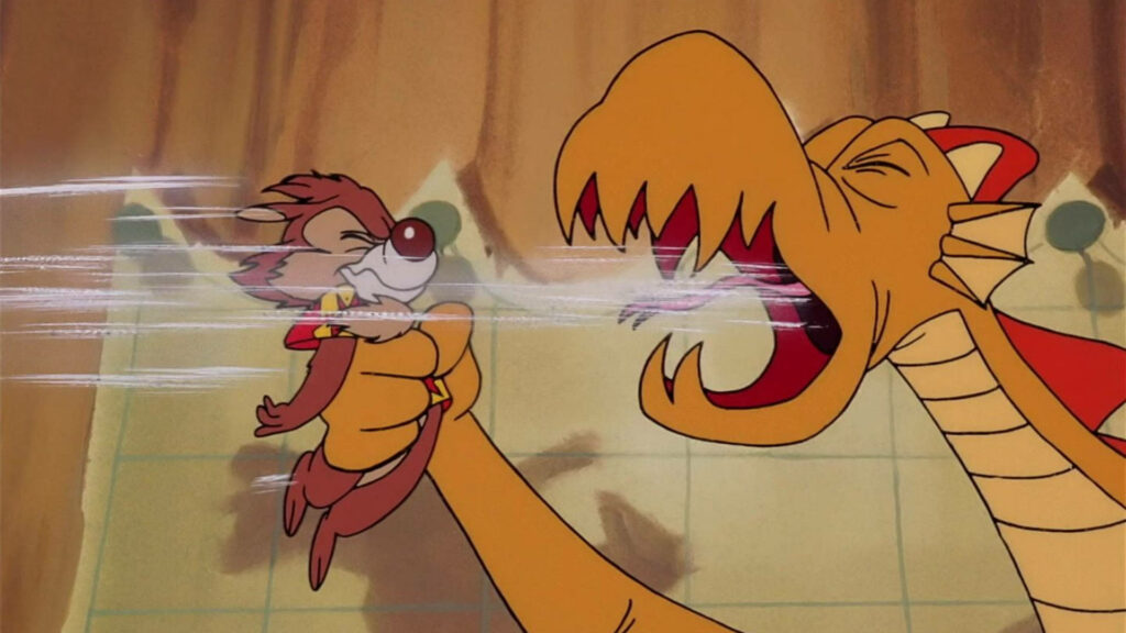 Chip from Chip N Dale Rescue Rangers held by dragon breathing smoky gust dramatic adventure wallpaper