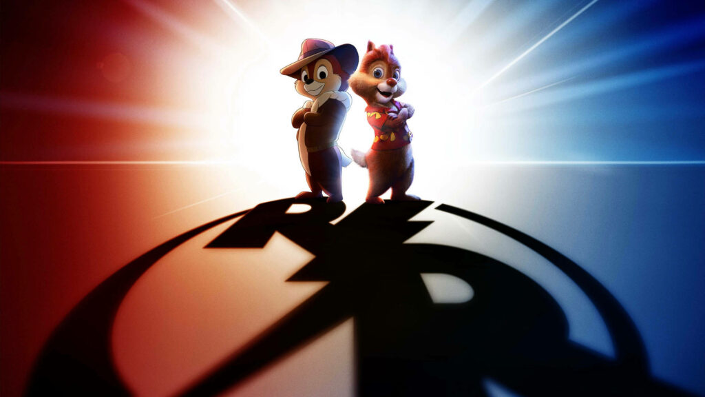 Chip N Dale Rescue Rangers bold power pose under spotlight with team logo shadow wallpaper background