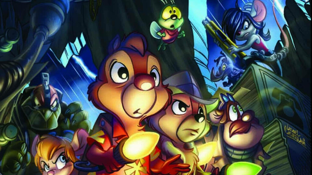 Chip N Dale Rescue Rangers exploring dark mysterious setting with glowing lights wallpaper