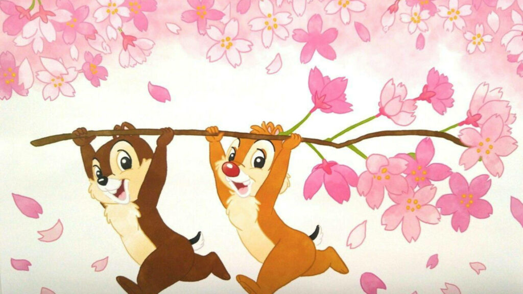 Chip N Dale Rescue Rangers swinging on cherry blossom branch with vibrant pink petals wallpaper