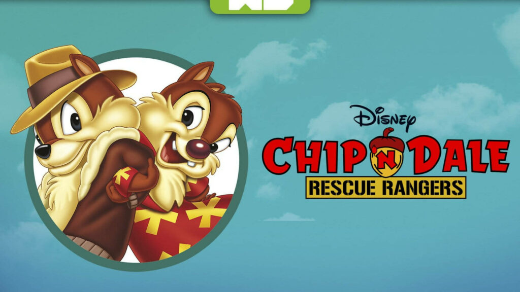 Chip and Dale Rescue Rangers wallpaper with characters in signature outfits and blue sky background