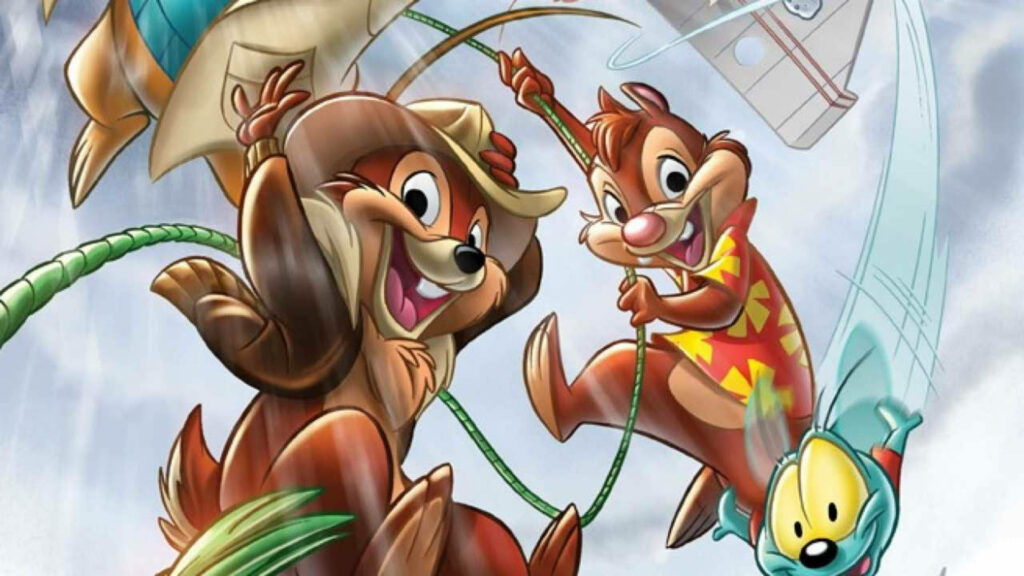 Chip and Dale sliding down ropes with colorful fly and airplane Rescue Rangers wallpaper background