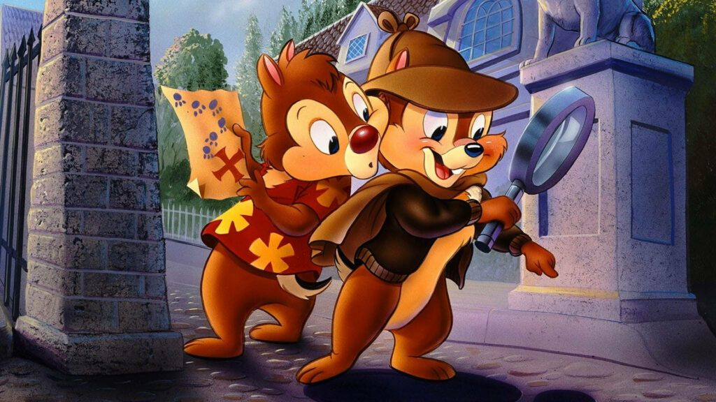 Chip and Dale Rescue Rangers treasure hunt Chip detective with magnifying glass Dale holding map wallpaper